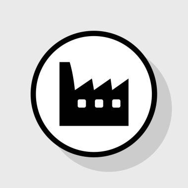 Fabrika işareti illüstrasyon. Vektör. Gölgeli gri arka plan, beyaz daire içinde düz siyah simgesi.