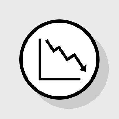 Aşağıya doğru gösteren kriz işaret eden ok. Vektör. Gölgeli gri arka plan, beyaz daire içinde düz siyah simgesi.