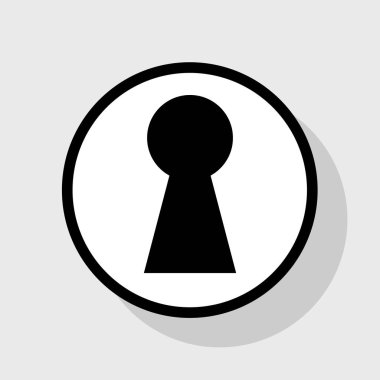 Anahtar deliği işareti illüstrasyon. Vektör. Gölgeli gri arka plan, beyaz daire içinde düz siyah simgesi.