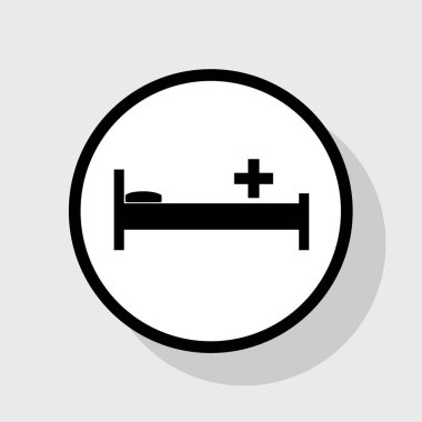 Hastane illüstrasyon işareti. Vektör. Gölgeli gri arka plan, beyaz daire içinde düz siyah simgesi.