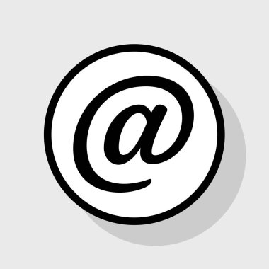 Posta işareti illüstrasyon. Vektör. Gölgeli gri arka plan, beyaz daire içinde düz siyah simgesi.