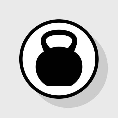 Fitness Dumbbell işareti. Vektör. Gölgeli gri arka plan, beyaz daire içinde düz siyah simgesi.