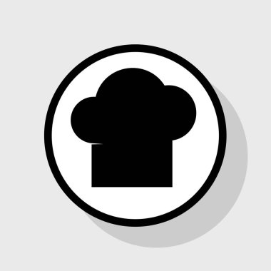 Şef kap işareti. Vektör. Gölgeli gri arka plan, beyaz daire içinde düz siyah simgesi.