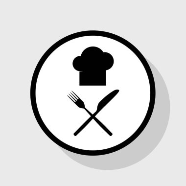 Şef bıçak ve çatal işareti ile. Vektör. Gölgeli gri arka plan, beyaz daire içinde düz siyah simgesi.