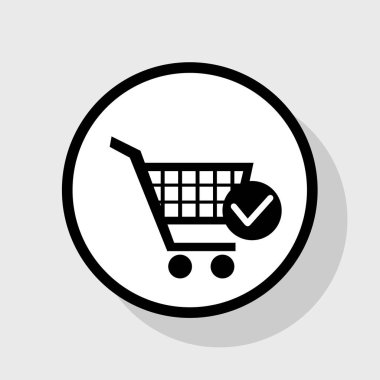 Onay işareti işareti ile alışveriş sepeti. Vektör. Gölgeli gri arka plan, beyaz daire içinde düz siyah simgesi.