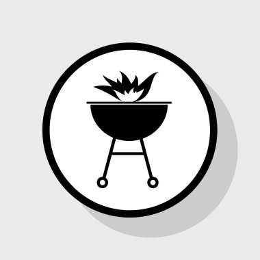 Yangın işareti ile Barbekü. Vektör. Gölgeli gri arka plan, beyaz daire içinde düz siyah simgesi.