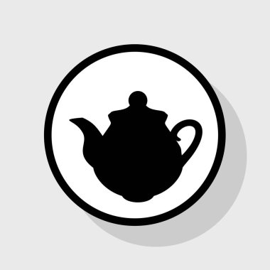 Çay makinesi mutfak işareti. Vektör. Gölgeli gri arka plan, beyaz daire içinde düz siyah simgesi.
