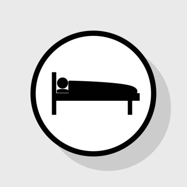 Hastane illüstrasyon işareti. Vektör. Gölgeli gri arka plan, beyaz daire içinde düz siyah simgesi.