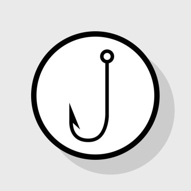 Balıkçılık kanca işareti illüstrasyon. Vektör. Gölgeli gri arka plan, beyaz daire içinde düz siyah simgesi.