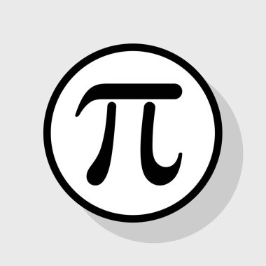 Pi Yunanca harf işareti. Vektör. Gölgeli gri arka plan, beyaz daire içinde düz siyah simgesi.