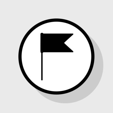 Bayrak illüstrasyon işareti. Vektör. Gölgeli gri arka plan, beyaz daire içinde düz siyah simgesi.