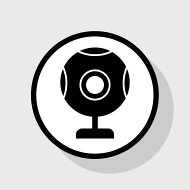 Sohbet web kamera işareti. Vektör. Gölgeli gri arka plan, beyaz daire içinde düz siyah simgesi.