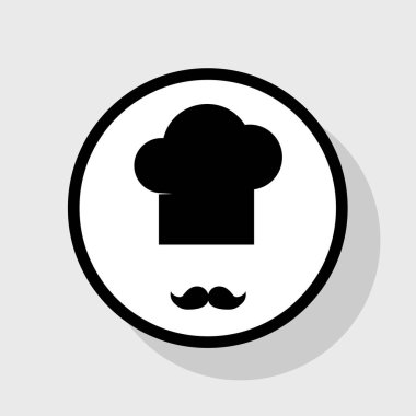 Chef şapka ve bıyık oturum açın. Vektör. Gölgeli gri arka plan, beyaz daire içinde düz siyah simgesi.