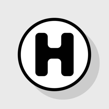 H harfi işareti şablon öğesi tasarım. Vektör. Gölgeli gri arka plan, beyaz daire içinde düz siyah simgesi.