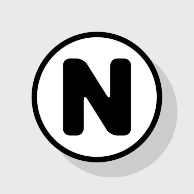 N harfi işareti şablon öğesi tasarım. Vektör. Gölgeli gri arka plan, beyaz daire içinde düz siyah simgesi.