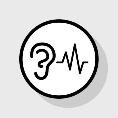 Kulak işitme ses işareti. Vektör. Gölgeli gri arka plan, beyaz daire içinde düz siyah simgesi.