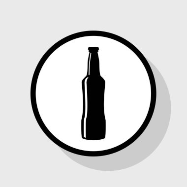 Bira şişe işareti. Vektör. Gölgeli gri arka plan, beyaz daire içinde düz siyah simgesi.