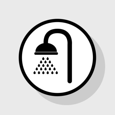 Duş işareti. Vektör. Gölgeli gri arka plan, beyaz daire içinde düz siyah simgesi.