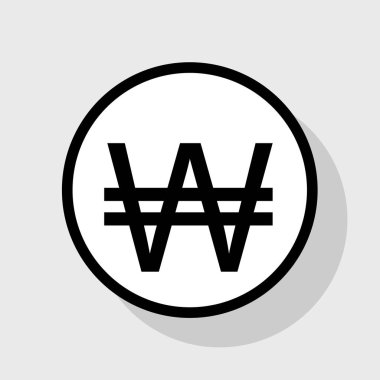 Kazanılan imzala. Vektör. Gölgeli gri arka plan, beyaz daire içinde düz siyah simgesi.