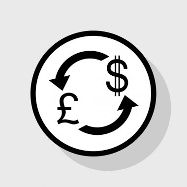 Döviz Alım Satım işareti. Birleşik Krallık: Lirası ve ABD Doları. Vektör. Gölgeli gri arka plan, beyaz daire içinde düz siyah simgesi.