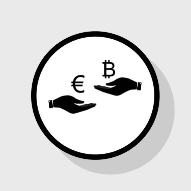 El el üzerinden Döviz Alım Satım. Euro Bitcoin bir. Vektör. Gölgeli gri arka plan, beyaz daire içinde düz siyah simgesi.
