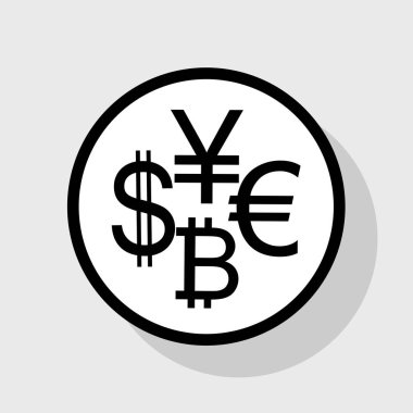 Para birimi koleksiyon Doları, euro, bitcoin, yen oturum açın. Vektör. Gölgeli gri arka plan, beyaz daire içinde düz siyah simgesi.