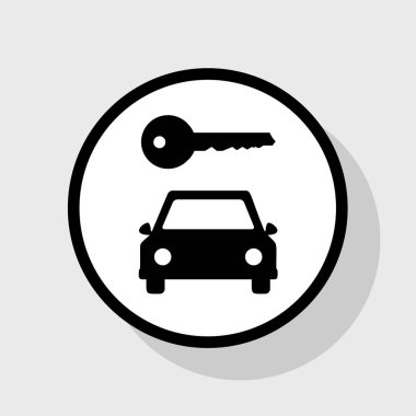 Araba anahtar basit işareti. Vektör. Gölgeli gri arka plan, beyaz daire içinde düz siyah simgesi.