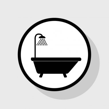 Küvet işareti. Vektör. Gölgeli gri arka plan, beyaz daire içinde düz siyah simgesi.