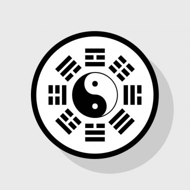 Yin ve yang bagua düzenleme ile oturum açın. Vektör. Gölgeli gri arka plan, beyaz daire içinde düz siyah simgesi.