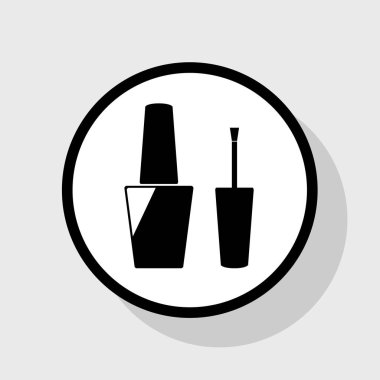 Tırnak cilası işareti. Vektör. Gölgeli gri arka plan, beyaz daire içinde düz siyah simgesi.