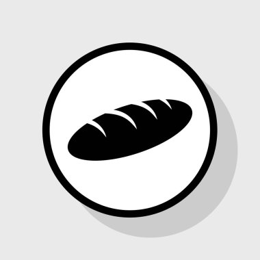 Ekmek işareti. Vektör. Gölgeli gri arka plan, beyaz daire içinde düz siyah simgesi.