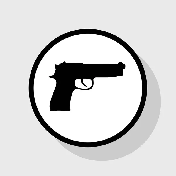 Pistool teken illustratie. Vector. Platte zwarte pictogram in de witte cirkel met schaduw op grijze achtergrond. — Stockvector