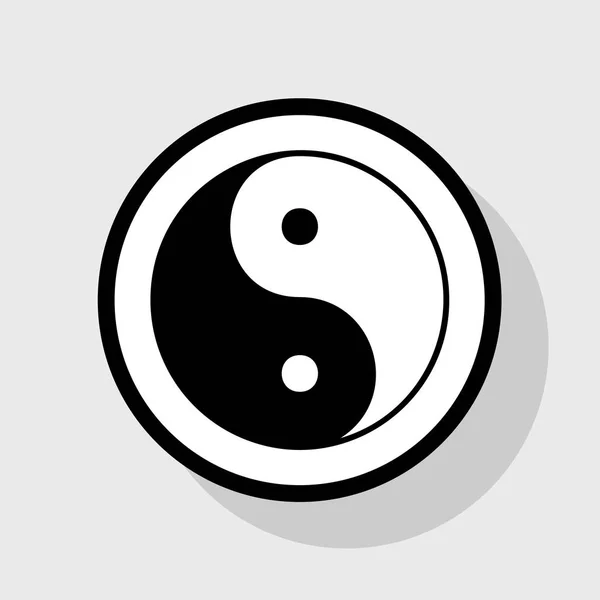 Ying Yang símbolo de armonía y equilibrio. Vector. Icono plano negro en círculo blanco con sombra en fondo gris . — Vector de stock