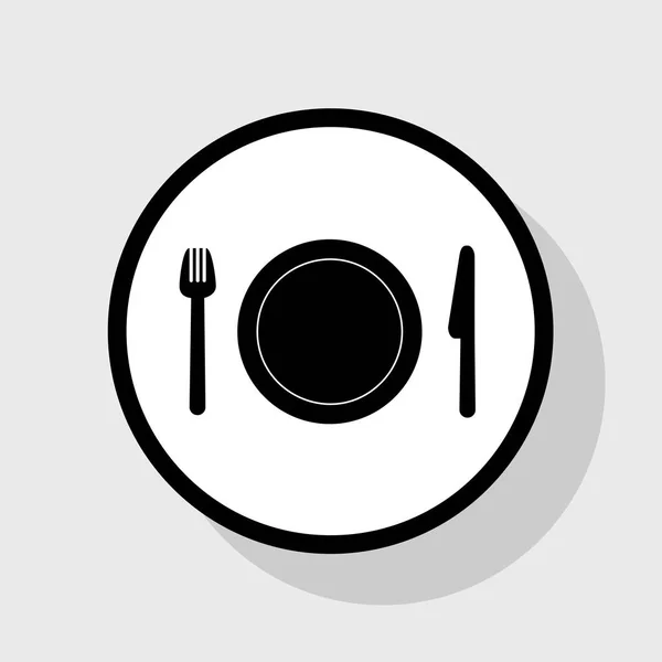 Πιρούνι, πιάτο και μαχαίρι. Διάνυσμα. Επίπεδη μαύρο εικονίδιο στο λευκό κύκλο με σκιά στο γκρίζο φόντο. — Διανυσματικό Αρχείο