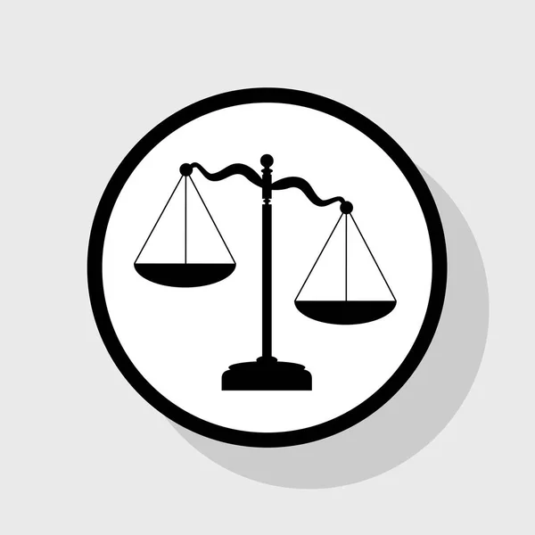 Scales of Justice sign. Vector. Flat black icon in white circle with shadow at gray background. — Stock Vector