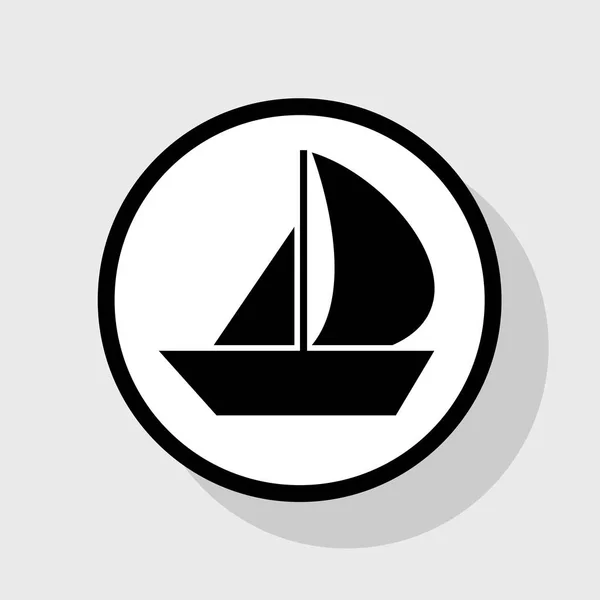帆ボートのサイン。ベクトル。灰色の背景に影を白い円のフラット ブラック アイコン. — ストックベクタ