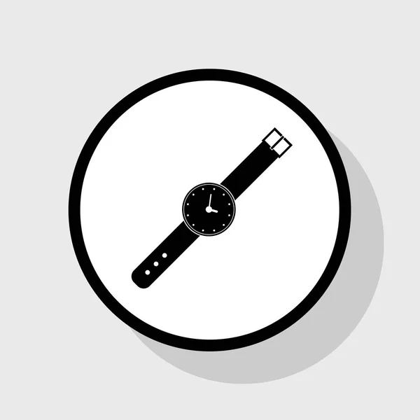 Signo de reloj ilustración. Vector. Icono plano negro en círculo blanco con sombra en fondo gris . — Archivo Imágenes Vectoriales