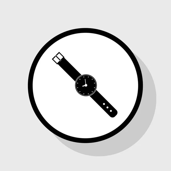 Regarder illustration de signe. Vecteur. Icône noire plate en cercle blanc avec ombre sur fond gris . — Image vectorielle
