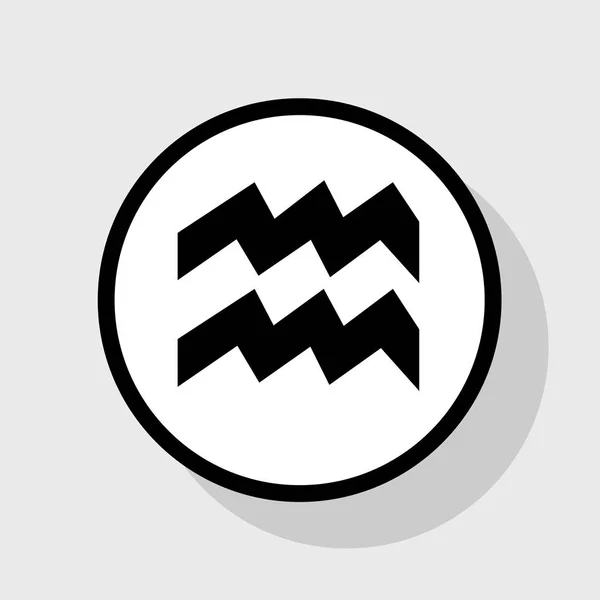 Aquarius Zeichen Illustration. Vektor. flaches schwarzes Symbol in weißem Kreis mit Schatten auf grauem Hintergrund. — Stockvektor