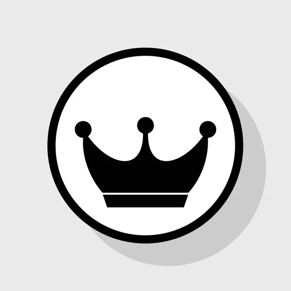 King crown tecken. Vektor. Platt svart ikon i vit cirkel med skugga på grå bakgrund. — Stock vektor