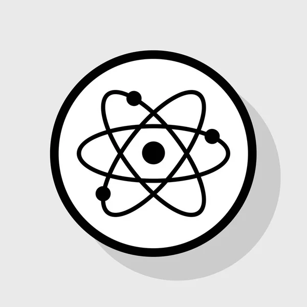 Atomzeichen-Illustration. Vektor. flaches schwarzes Symbol in weißem Kreis mit Schatten auf grauem Hintergrund. — Stockvektor