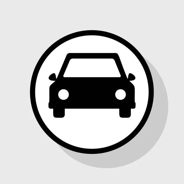 車の記号の図。ベクトル。灰色の背景に影を白い円のフラット ブラック アイコン. — ストックベクタ