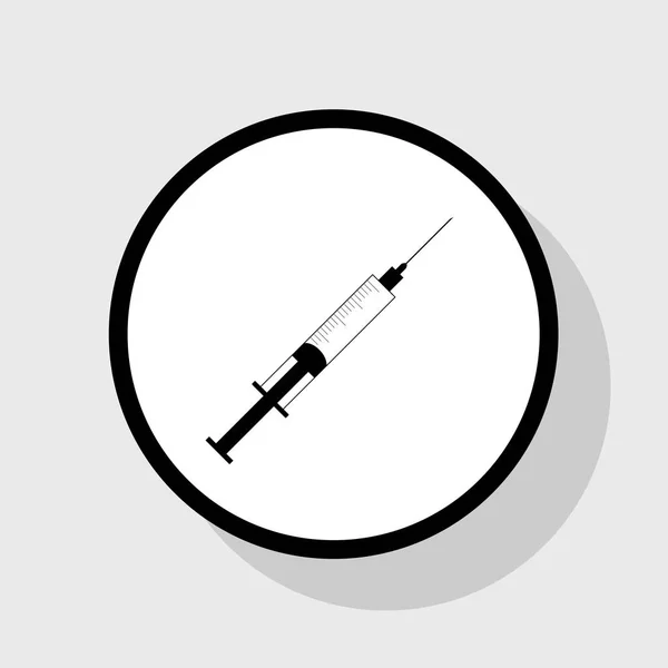 注射器の記号図。ベクトル。灰色の背景に影を白い円のフラット ブラック アイコン. — ストックベクタ