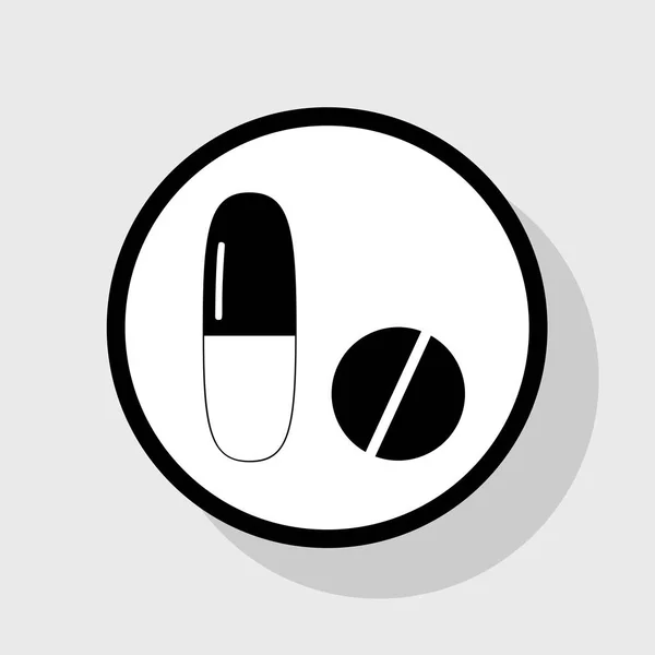 Pílulas médicas assinadas. Vector. Ícone preto plano em círculo branco com sombra no fundo cinza . —  Vetores de Stock