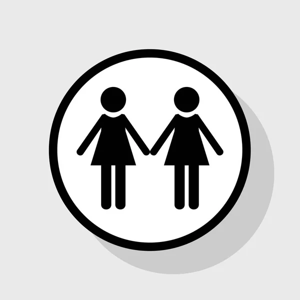 女同性恋家庭的标志。矢量。在与阴影在灰色背景的白色圆圈的平黑色图标. — 图库矢量图片
