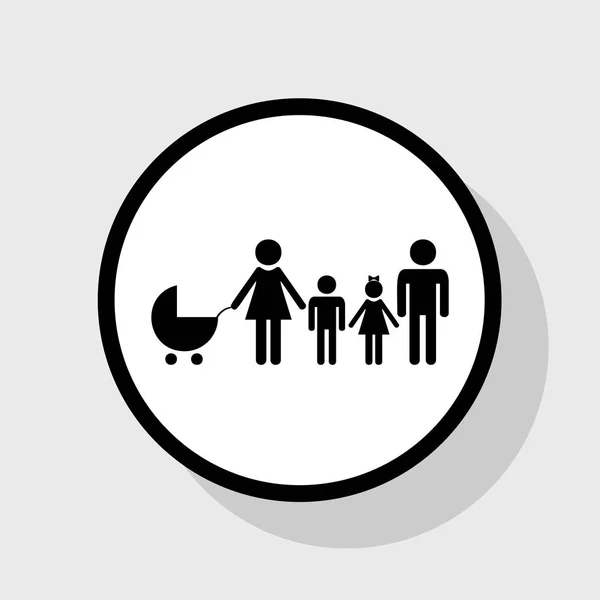 Rodinné znamení ilustrace. Vektor. Plochá černá ikona v bílém kruhu se stínem na šedém pozadí. — Stockový vektor