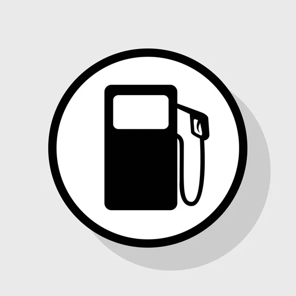 Gas pump sign. Vector. Flat black icon in white circle with shadow at gray background. — Stock Vector