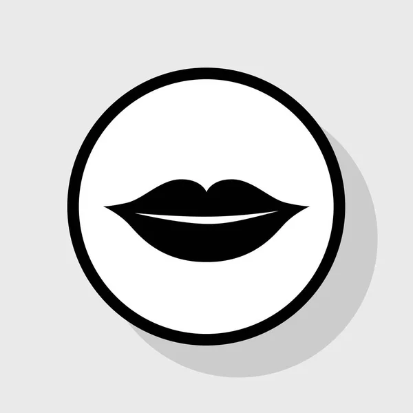 Lippen ondertekenen illustratie. Vector. Platte zwarte pictogram in de witte cirkel met schaduw op grijze achtergrond. — Stockvector