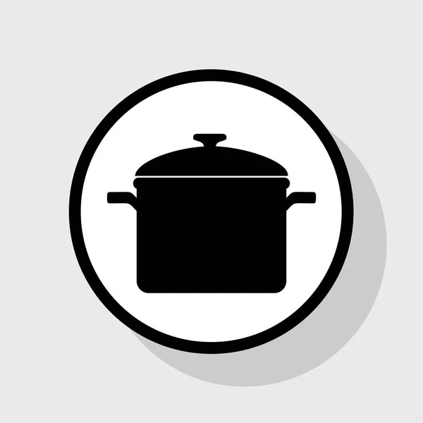 Cooking pan sign. Vector. Flat black icon in white circle with shadow at gray background. — Stock Vector