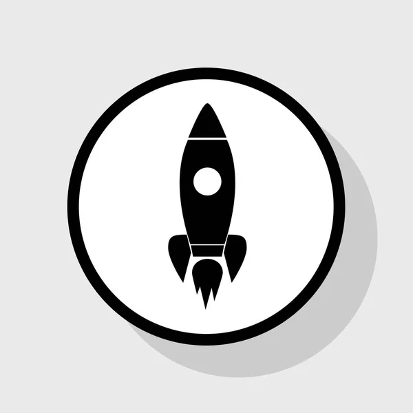 Raket tecken illustration. Vektor. Platt svart ikon i vit cirkel med skugga på grå bakgrund. — Stock vektor